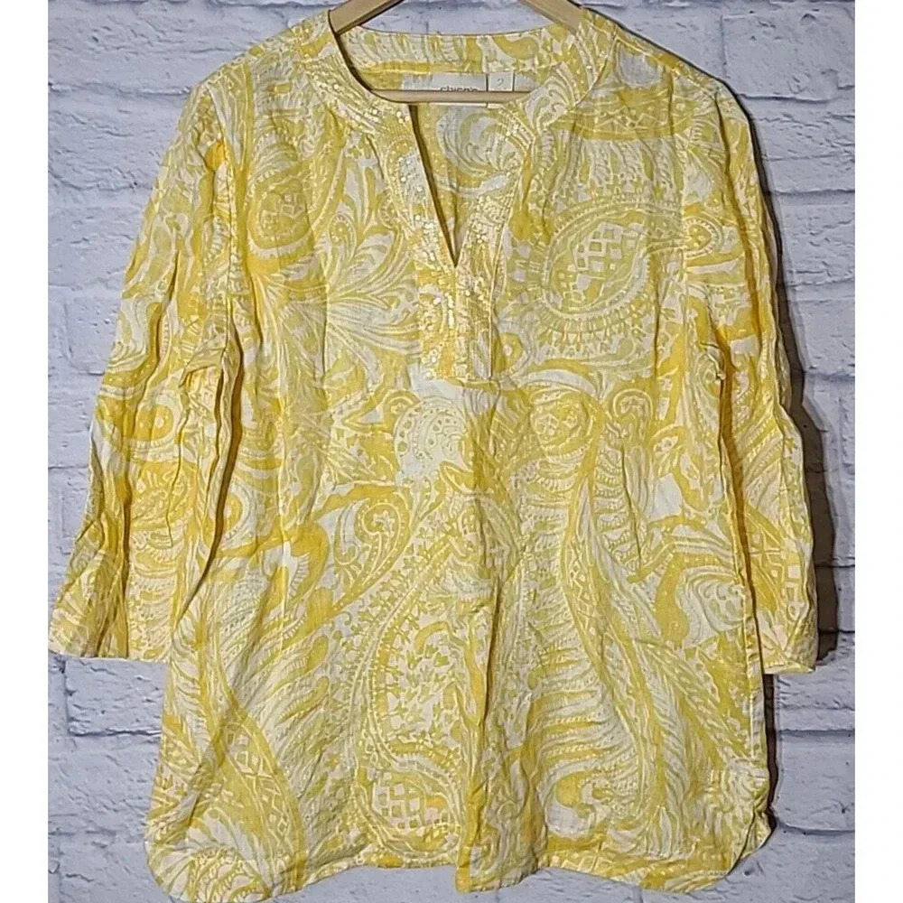 Chico's Linen Blouse Top Women's Large Yellow White Paisley Sequins Embellished